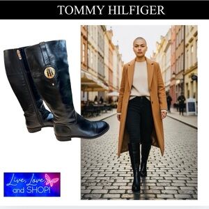 TOMMY HILFIGER Ivane Black Leather Boots with Sliver Monogram, EUC